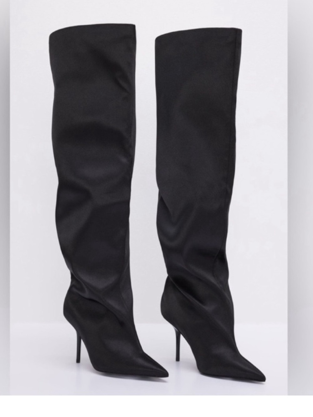 Good American Black Satin Slouchy Stiletto Boot *NEVER WORN* - Picture 2 of 5
